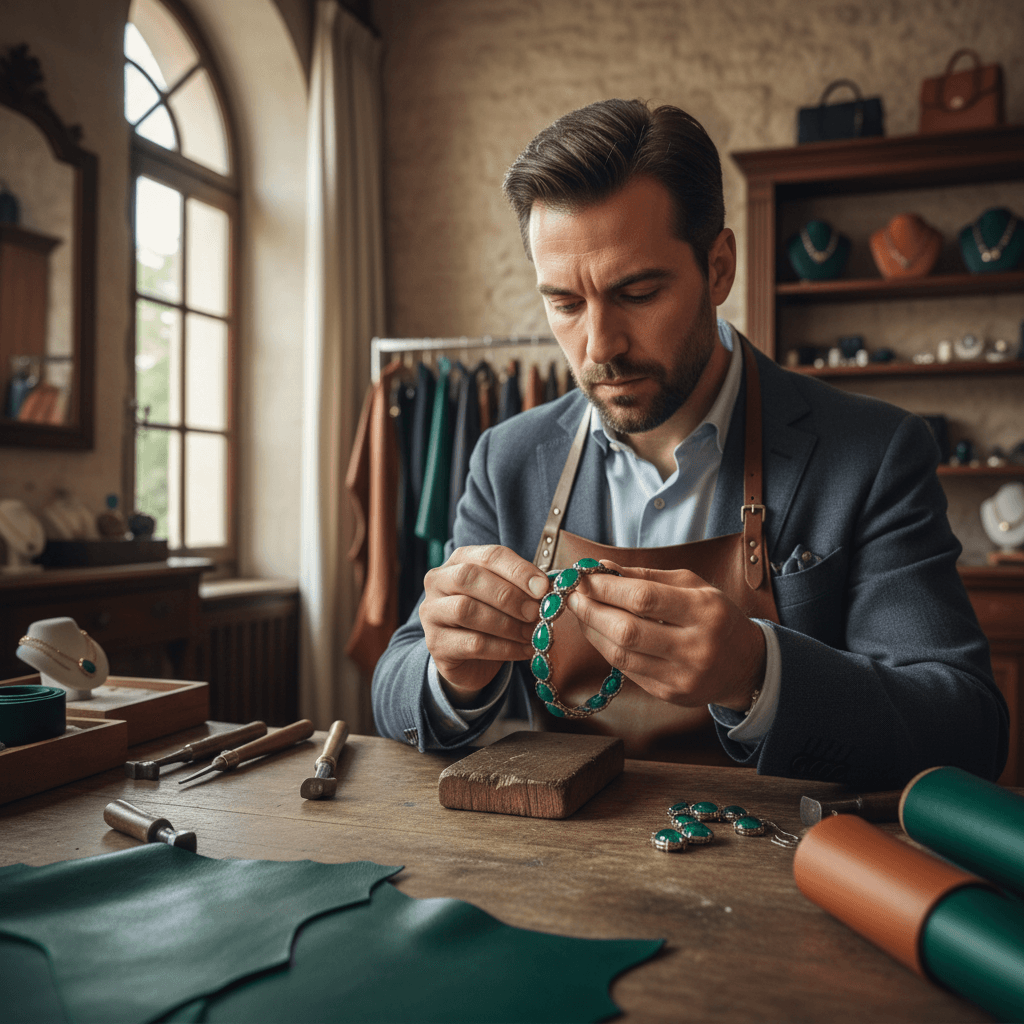 Artisan français créant bracelets cuir émeraude